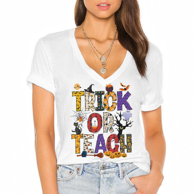 Retro Trick Or Teach Teacher Halloween Costume Men Women  V3 Women's Jersey Short Sleeve Deep V-Neck Tshirt