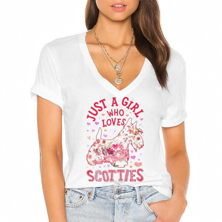 Scottie Scottish Terrier Just A Girl Who Loves Dog Flower Women's Jersey Short Sleeve Deep V-Neck Tshirt