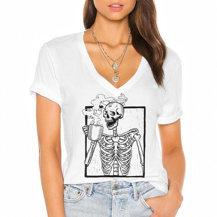 Skeleton Drink Coffee Funny Skeleton Halloween Costume  Women's Jersey Short Sleeve Deep V-Neck Tshirt