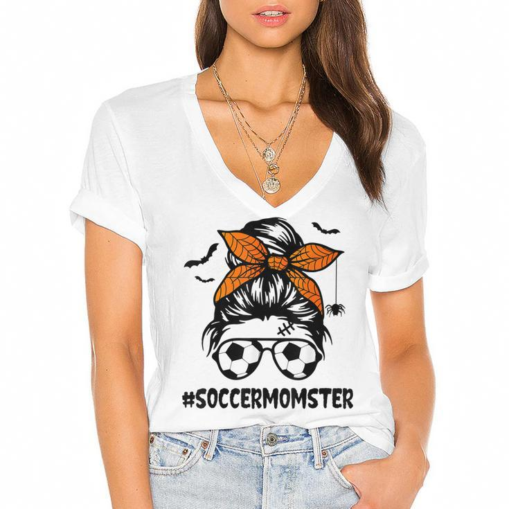 Soccer Momster  For Women Halloween Mom Messy Bun Hair  Women's Jersey Short Sleeve Deep V-Neck Tshirt