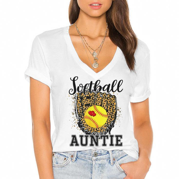 Softball Auntie Leopard Game Day Aunt Mother Softball Lover  Women's Jersey Short Sleeve Deep V-Neck Tshirt