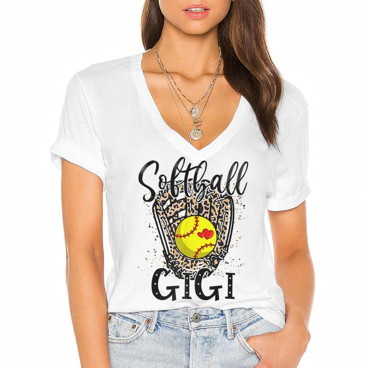 Softball Gigi Leopard Game Day Softball Lover Mothers Day  Women's Jersey Short Sleeve Deep V-Neck Tshirt