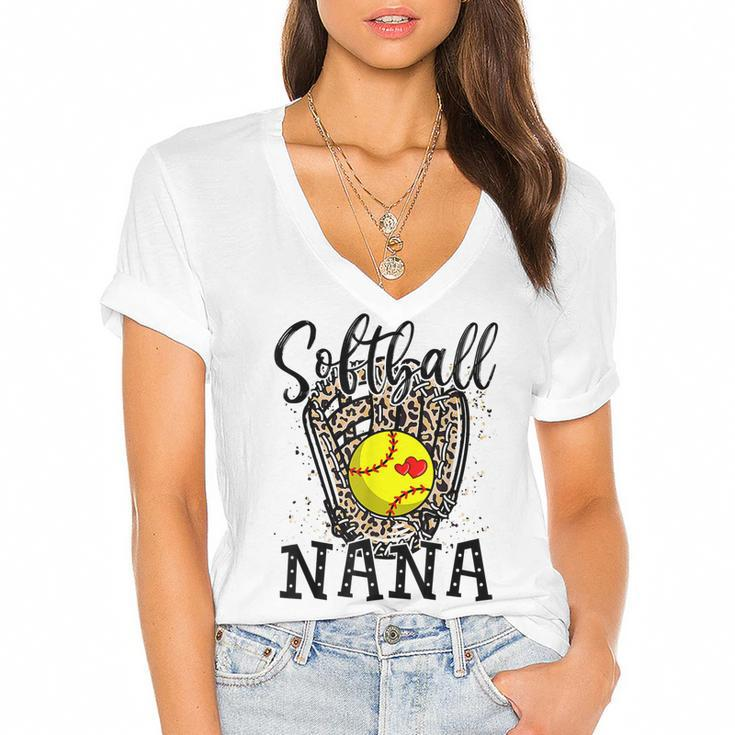 Softball Nana Leopard Game Day Softball Lover Mothers Day  Women's Jersey Short Sleeve Deep V-Neck Tshirt