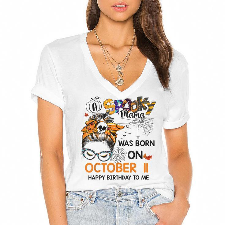 Spooky Mama Born On October 11St Birthday Bun Hair Halloween  Women's Jersey Short Sleeve Deep V-Neck Tshirt