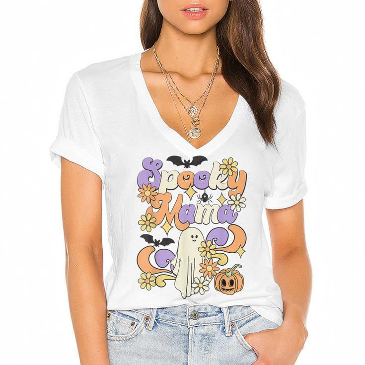 Spooky Mama Floral Ghost Boo Mom And Babe Matching Halloween  Women's Jersey Short Sleeve Deep V-Neck Tshirt
