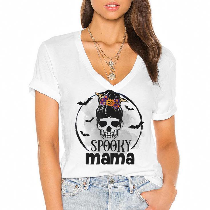 Spooky Mama Funny Halloween Mom Messy Bun Spooky Vibes Women's Jersey Short Sleeve Deep V-Neck Tshirt