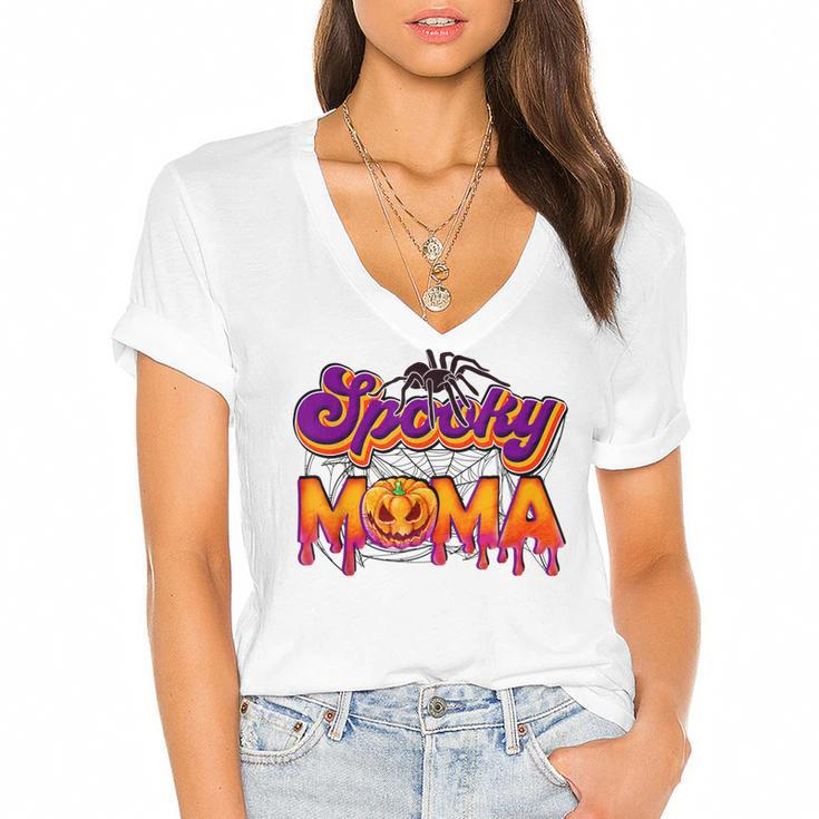 Spooky Mama Jack O Lantern Halloween Mama Pumpkin  Women's Jersey Short Sleeve Deep V-Neck Tshirt