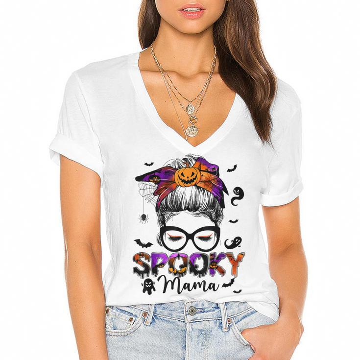 Spooky Mama Messy Bun Halloween Jack O Lantern Mom  Women's Jersey Short Sleeve Deep V-Neck Tshirt