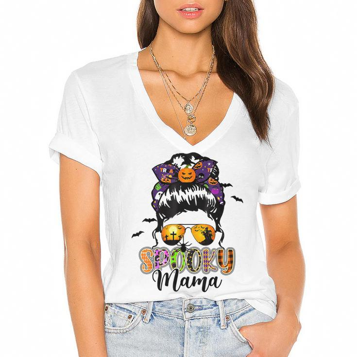 Spooky Mama Messy Bun Mom Life Halloween  V2 Women's Jersey Short Sleeve Deep V-Neck Tshirt