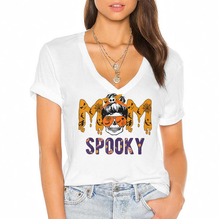 Spooky Mama Messy Skull Mom Witch Halloween Women  Women's Jersey Short Sleeve Deep V-Neck Tshirt