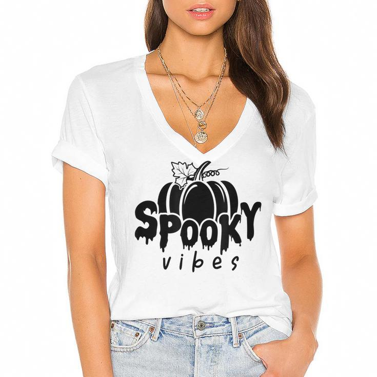 Spooky Vibes Halloween Graphic Meme Pumpkin Fall Graphic  Women's Jersey Short Sleeve Deep V-Neck Tshirt