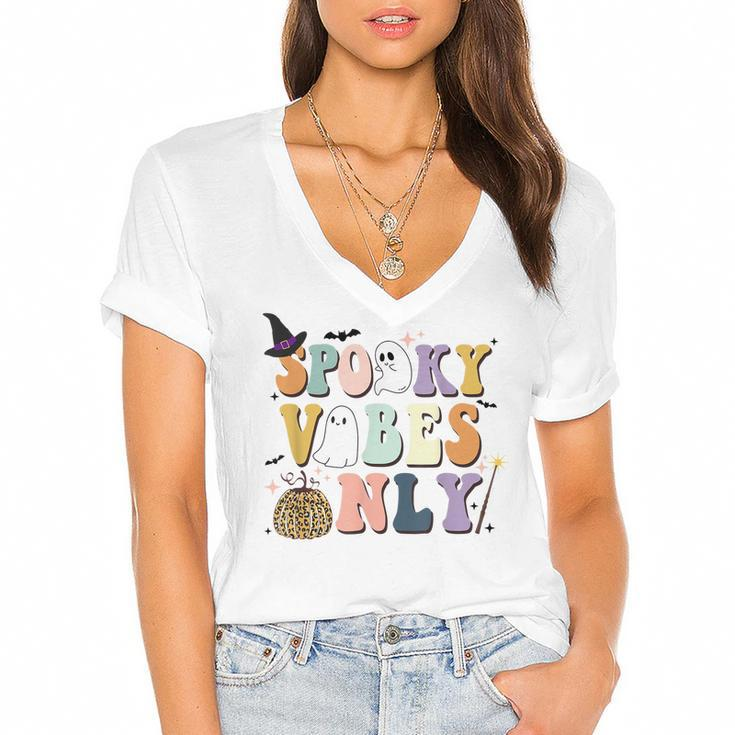Spooky Vibes Only Retro Halloween Pumpkin Ghost Boo Kids  Women's Jersey Short Sleeve Deep V-Neck Tshirt