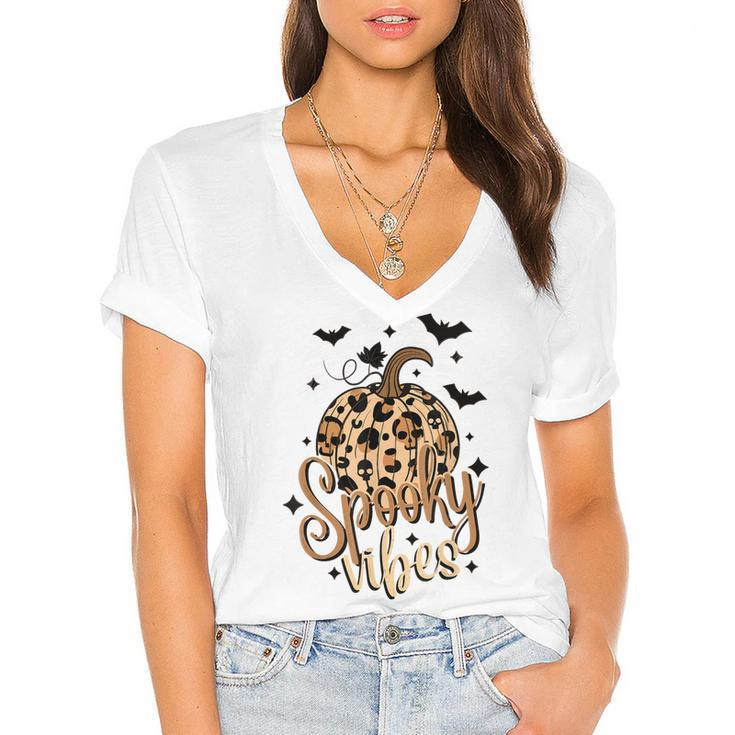 Spooky Vibes Skull Leopard Pumpkin Vintage Boho Halloween  Women's Jersey Short Sleeve Deep V-Neck Tshirt