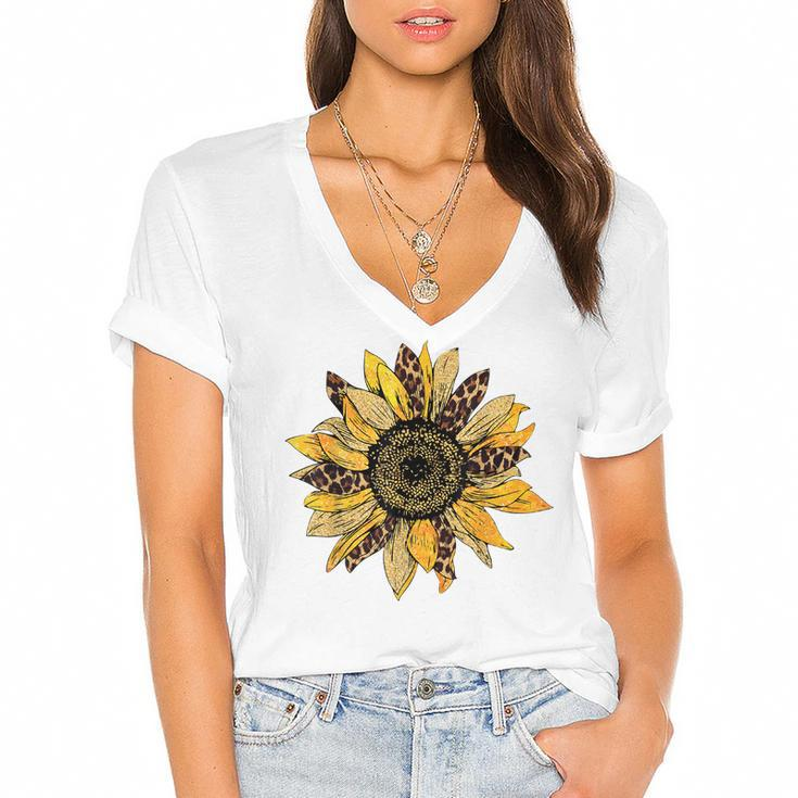 Sunflower  For Women Cute Graphic  Cheetah Print  Women's Jersey Short Sleeve Deep V-Neck Tshirt