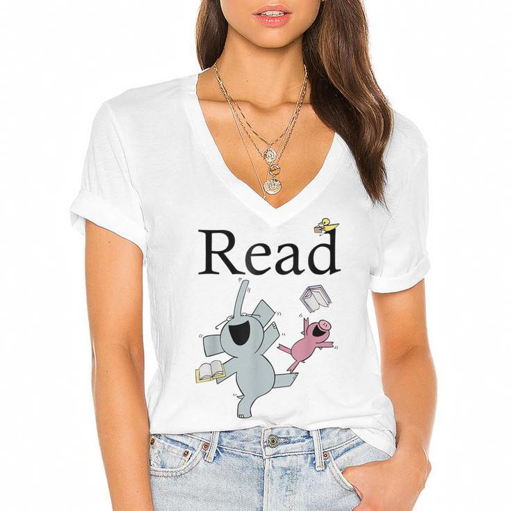 Teacher Library Read Book Club Piggie Elephant Pigeons Funny  Women's Jersey Short Sleeve Deep V-Neck Tshirt