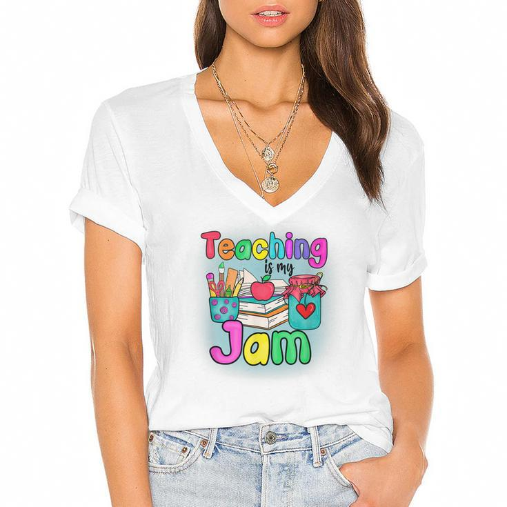 Teaching Is My Profession Jam Cute Graphic Teachers  Women's Jersey Short Sleeve Deep V-Neck Tshirt