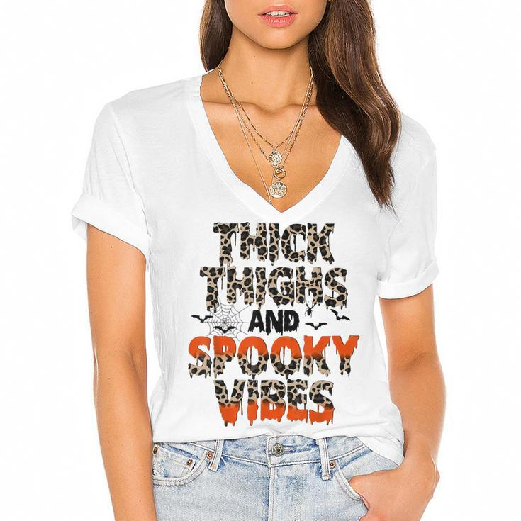 Thick Thighs And Spooky Vibes Leopard Halloween Costume  Women's Jersey Short Sleeve Deep V-Neck Tshirt