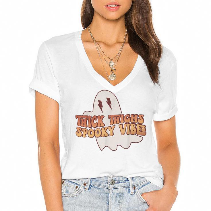 Thick Thighs Spooky Vibes Funny Happy Halloween Spooky  Women's Jersey Short Sleeve Deep V-Neck Tshirt