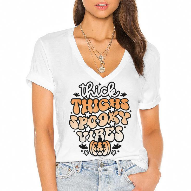Thick Thighs Spooky Vibes Retro Groovy Halloween Spooky  Women's Jersey Short Sleeve Deep V-Neck Tshirt