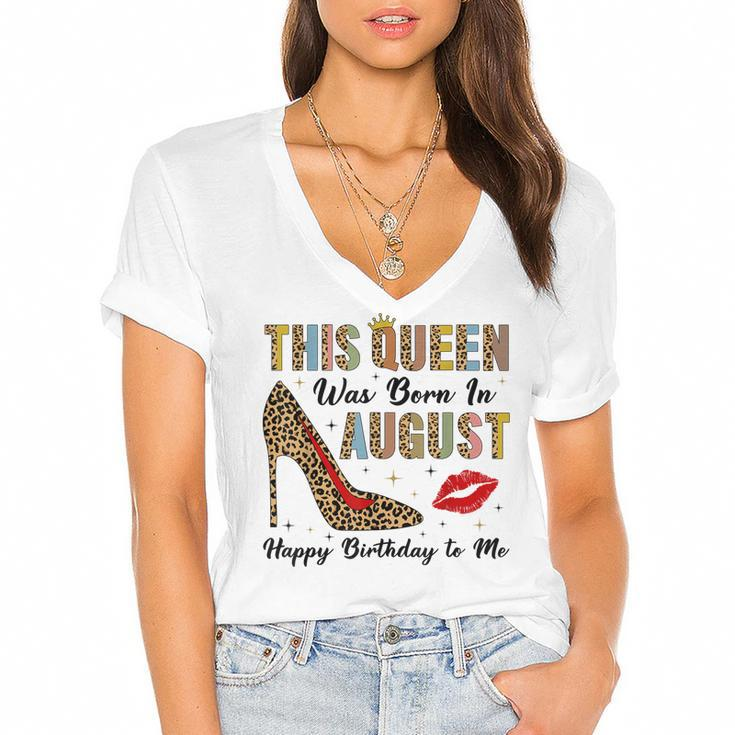 This Queen Was Born In August Happy Birthday To Me Leopard  Women's Jersey Short Sleeve Deep V-Neck Tshirt