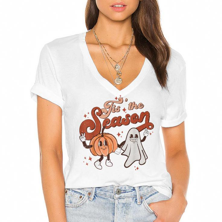 Tis The Season To Be Spooky Fall Pumpkin Halloween Costume  Women's Jersey Short Sleeve Deep V-Neck Tshirt