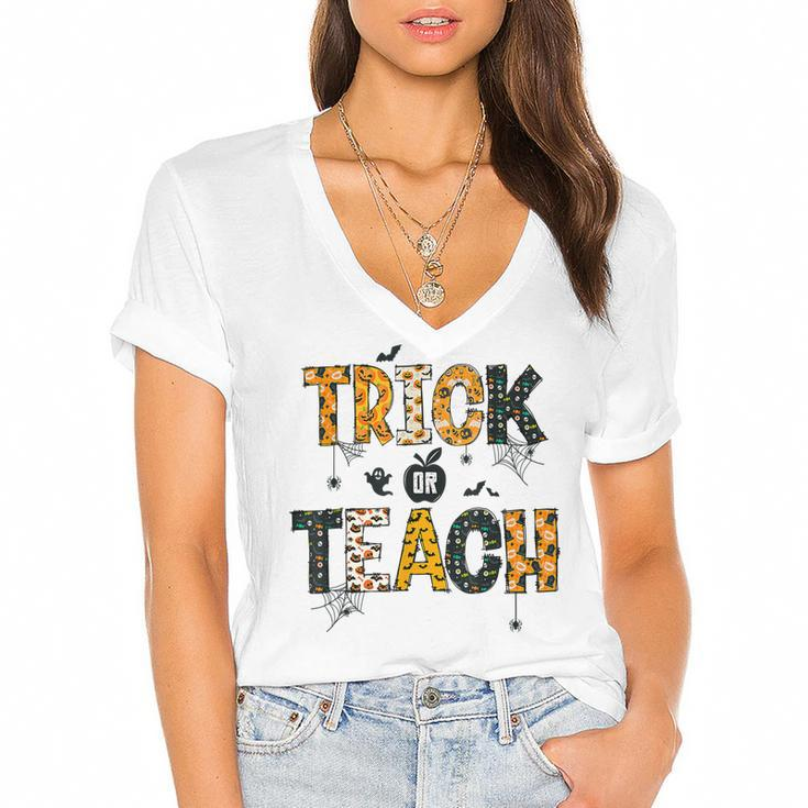 Trick Or Teach Funny Halloween Costume Cute Teacher Life  Women's Jersey Short Sleeve Deep V-Neck Tshirt