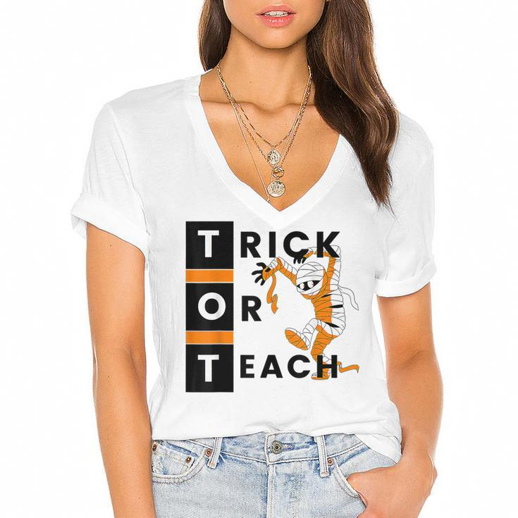 Trick Or Teach Funny Teacher Halloween Costume Gifts  Women's Jersey Short Sleeve Deep V-Neck Tshirt