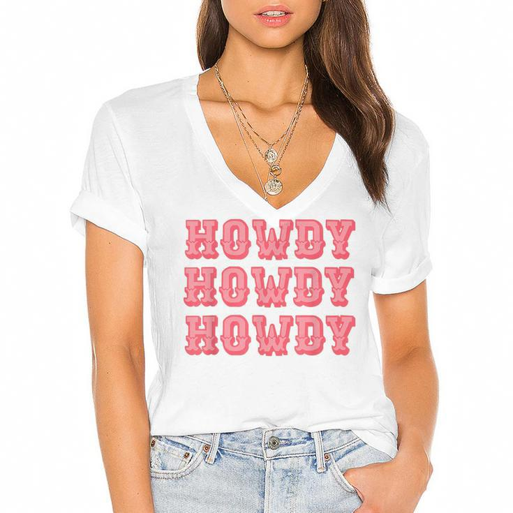 Vintage White Howdy Rodeo Western Country Southern Cowgirl  V2 Women's Jersey Short Sleeve Deep V-Neck Tshirt
