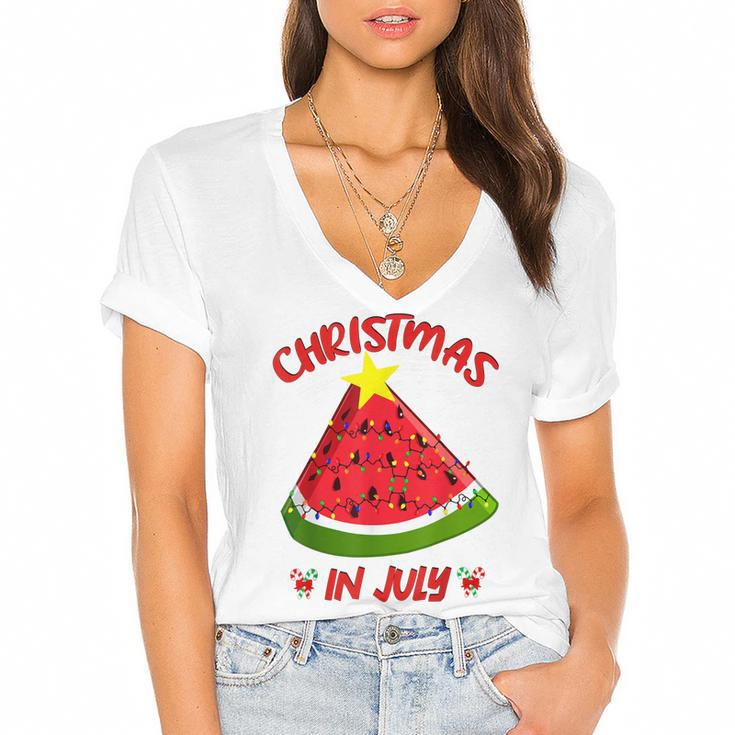 Watermelon Christmas Tree Christmas In July Summer Vacation  V3 Women's Jersey Short Sleeve Deep V-Neck Tshirt