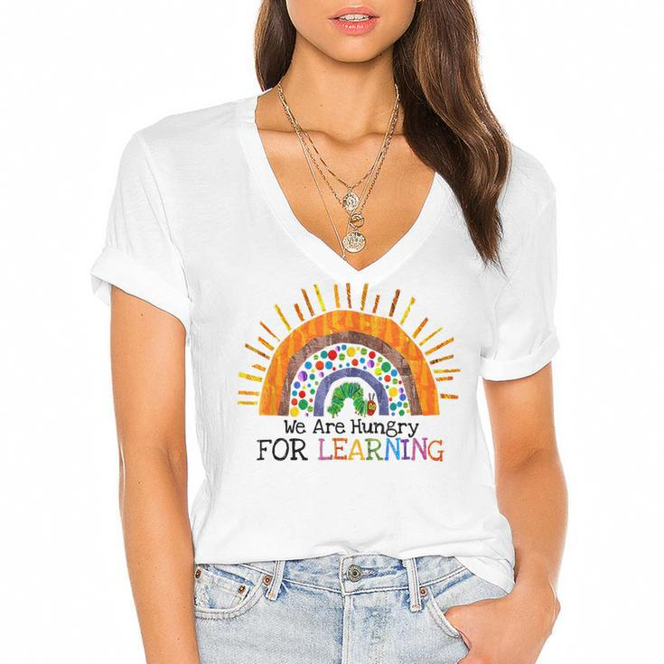 We Are Hungry For Learning Rainbow Caterpillar Teacher Gift  Women's Jersey Short Sleeve Deep V-Neck Tshirt