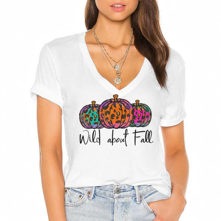 Wild About Fall Pumpkin Leopard Tie Dye Hello Autumn Season  V2 Women's Jersey Short Sleeve Deep V-Neck Tshirt