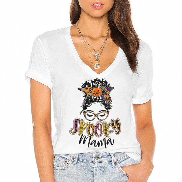 Women Spooky Mama Messy Bun Pumpkin Patch Halloween  Women's Jersey Short Sleeve Deep V-Neck Tshirt