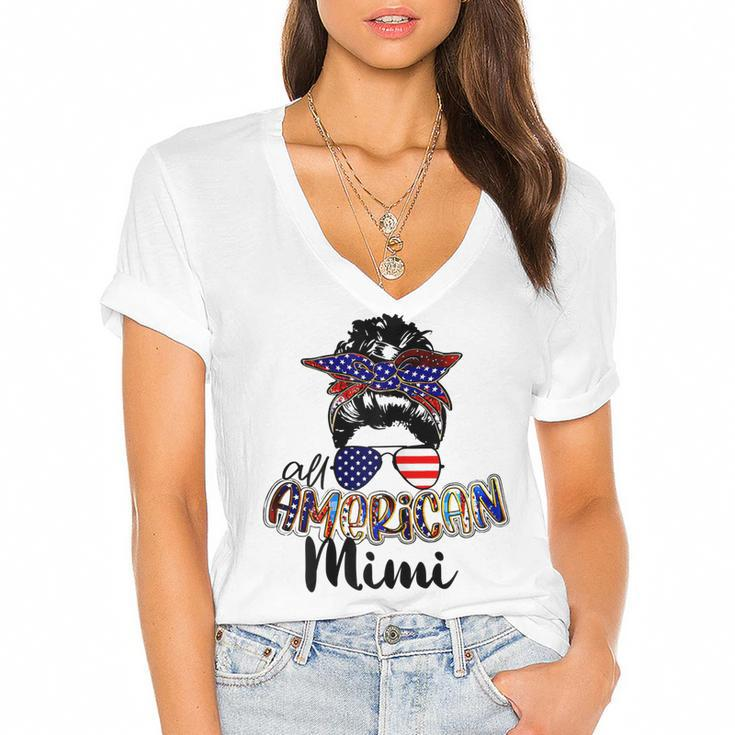 Womens All American Mimi Messy Bun 4Th Of July Independence Day  Women's Jersey Short Sleeve Deep V-Neck Tshirt