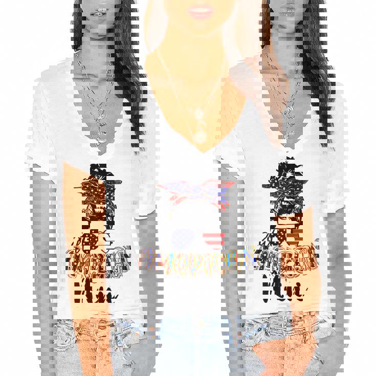 Womens All American Mimi Messy Bun 4Th Of July Independence Day  Women's Jersey Short Sleeve Deep V-Neck Tshirt