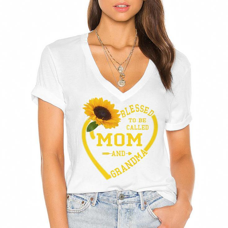Womens Blessed To Be Called Mom And Grandma Mothers Day Sunflower   Women's Jersey Short Sleeve Deep V-Neck Tshirt