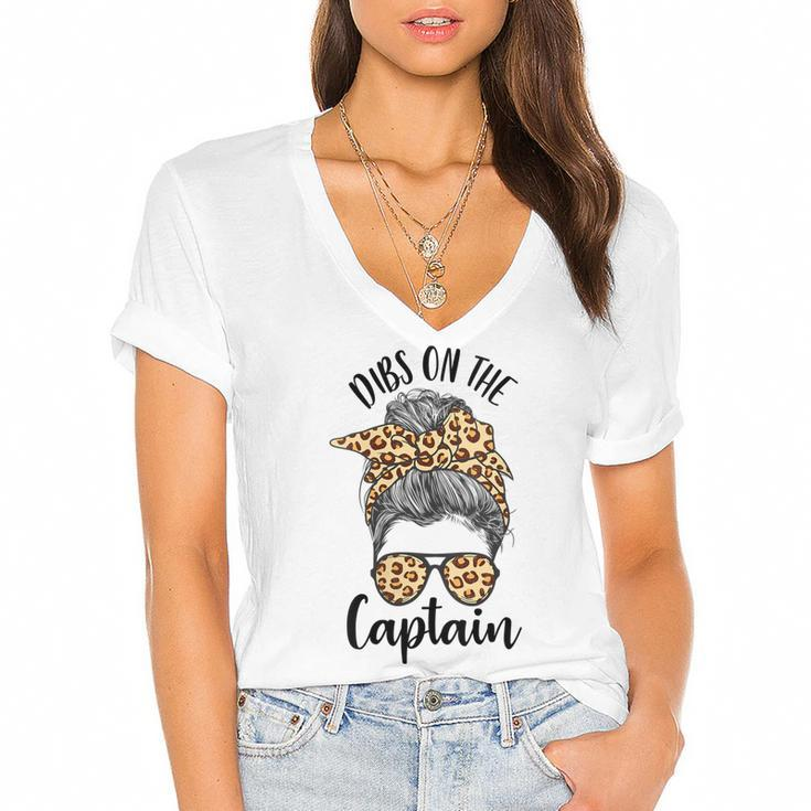 Womens Funny Captain Wife Dibs On The Captain Saying Cute Messy Bun  Women's Jersey Short Sleeve Deep V-Neck Tshirt