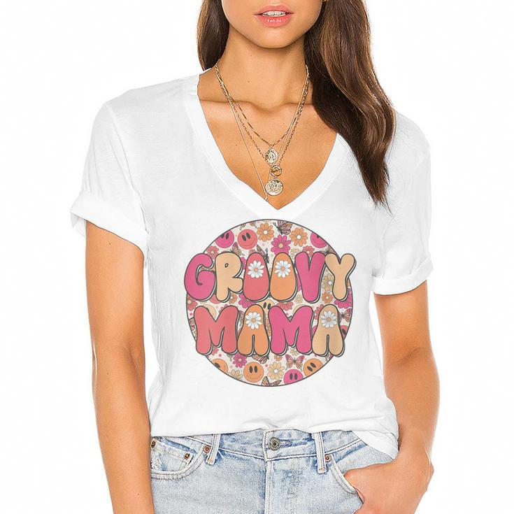 Womens Groovy Mama Hippie Retro Daisy Flower Smile Face  Women's Jersey Short Sleeve Deep V-Neck Tshirt