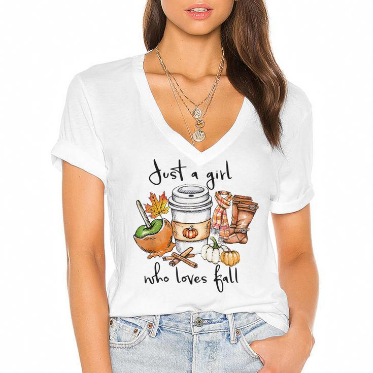 Womens Just A Girl Who Loves Fall Pumpin Spice Latte Autumn  Women's Jersey Short Sleeve Deep V-Neck Tshirt
