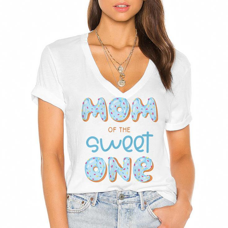 Womens Mom Of The Sweet One Donut Boy 1St Birthday Party Mommy Mama  Women's Jersey Short Sleeve Deep V-Neck Tshirt
