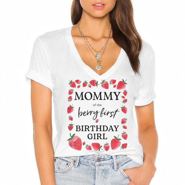 Womens Mommy Of The Berry First Birthday Girl Sweet One Strawberry Women's Jersey Short Sleeve Deep V-Neck Tshirt