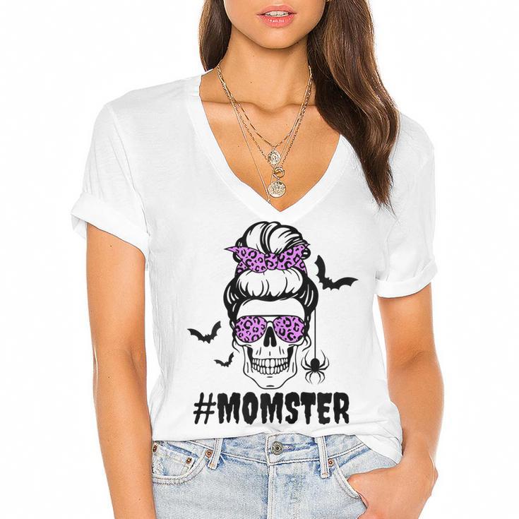 Womens Momster  Funny Halloween Costume Skull Mom Messy Bun  Women's Jersey Short Sleeve Deep V-Neck Tshirt