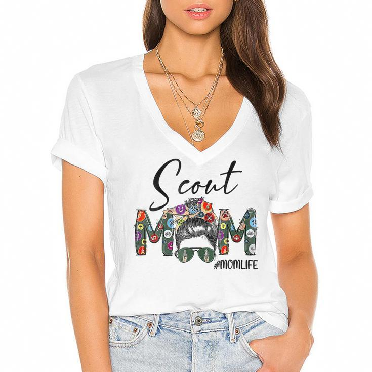 Womens Mothers Day Womens Scouting Scout Mom Life Messy Bun Hair  Women's Jersey Short Sleeve Deep V-Neck Tshirt