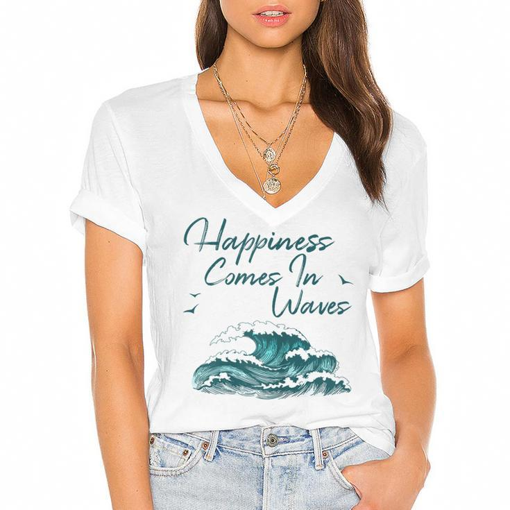 Womens Ocean Waves  For Women Happiness Comes In Waves Beach Women's Jersey Short Sleeve Deep V-Neck Tshirt