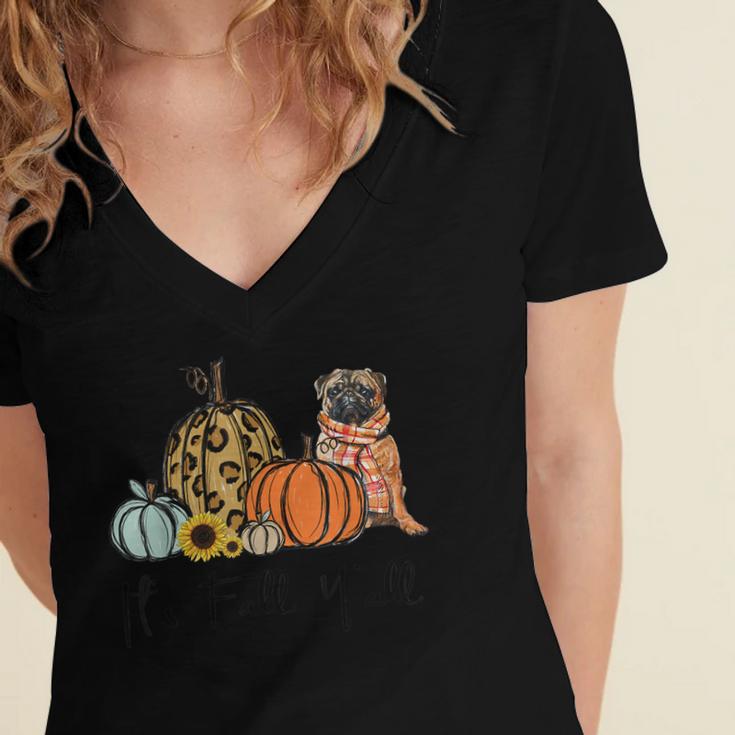 Its Fall Yall Yellow Pug Dog Leopard Pumpkin Falling  Women's Jersey Short Sleeve Deep V-Neck Tshirt
