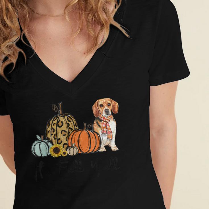 Its Fall Yall Yellow Beagle Dog Leopard Pumpkin Falling  Women's Jersey Short Sleeve Deep V-Neck Tshirt