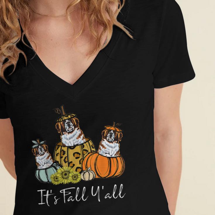 Its Fall Yall Saint Bernard Dog Leopard Pumpkin Autumn  Women's Jersey Short Sleeve Deep V-Neck Tshirt