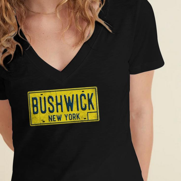 Bushwick Brooklyn New York Old Retro Vintage License Plate Women's Jersey Short Sleeve Deep V-Neck Tshirt