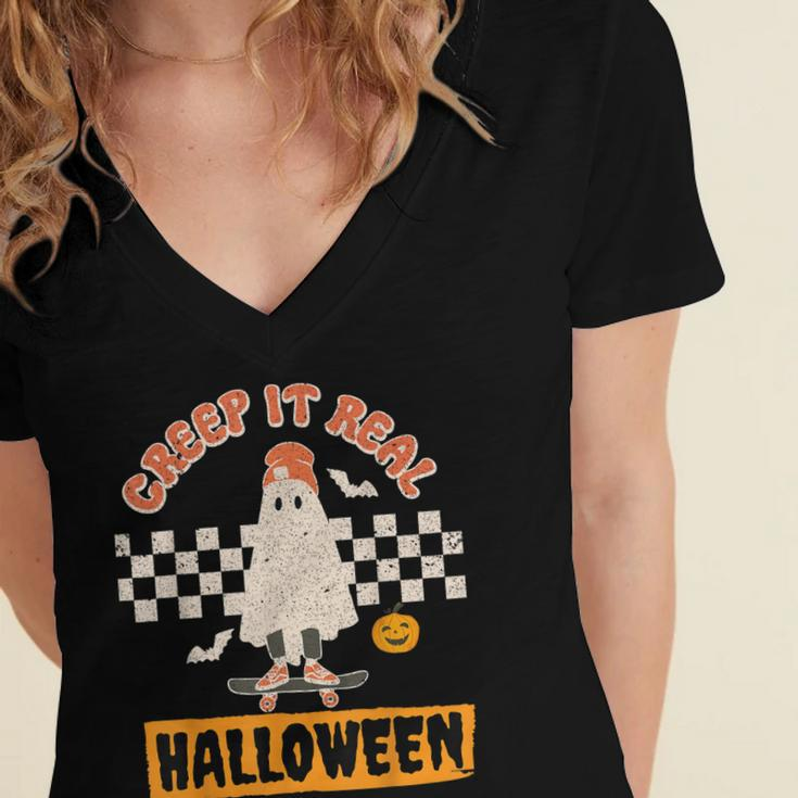 Creep It Real Retro Halloween Funny Ghost Skateboarding Women's Jersey Short Sleeve Deep V-Neck Tshirt