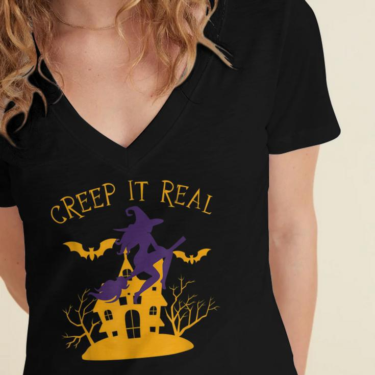 Creep It Real Witch Broom Funny Spooky Halloween Women's Jersey Short Sleeve Deep V-Neck Tshirt
