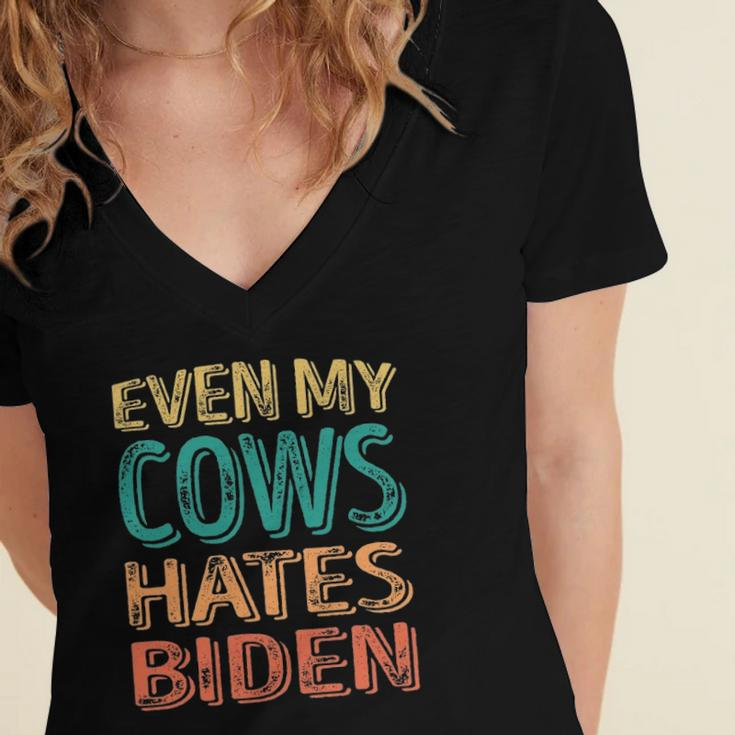 Even My Cows Hates Biden Funny Anti Biden Cow Farmers Women's Jersey Short Sleeve Deep V-Neck Tshirt